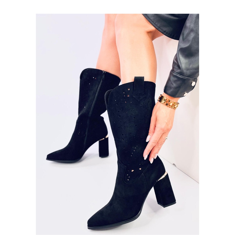 Black Openwork Heeled Boots 1