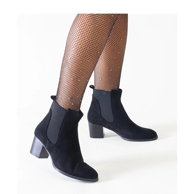 Black high-heeled ankle boots with elastic eco-suede inserts 1