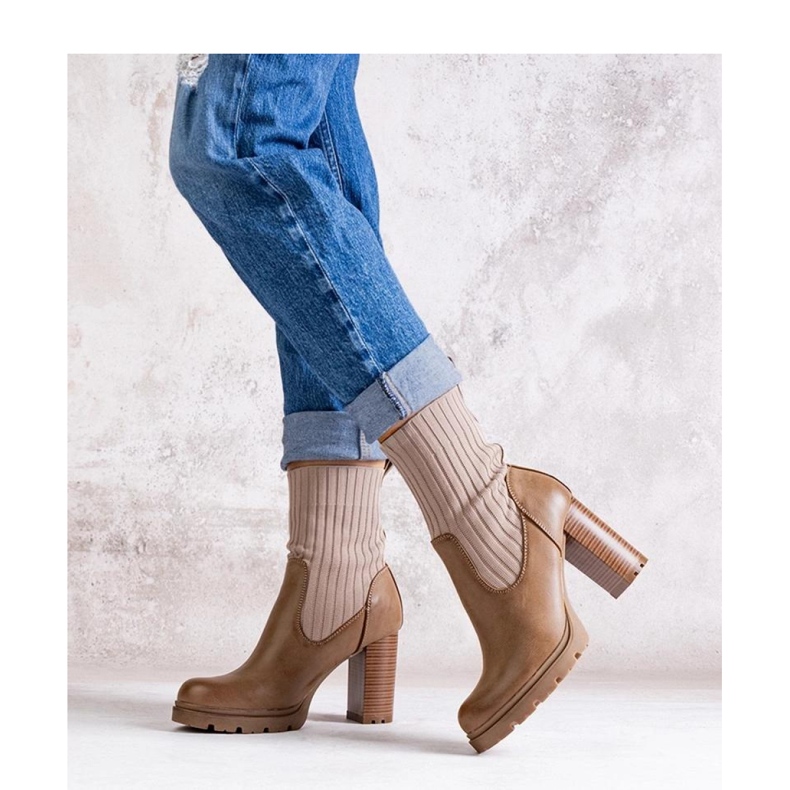 Dark beige ankle boots with a block heel made of eco-leather 1