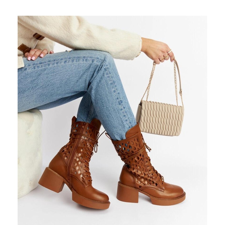 Brown openwork boots with high heels 1
