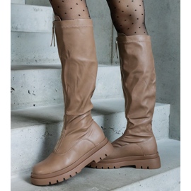 Brown eco-leather boots with a flat heel decorated with a zipper 1