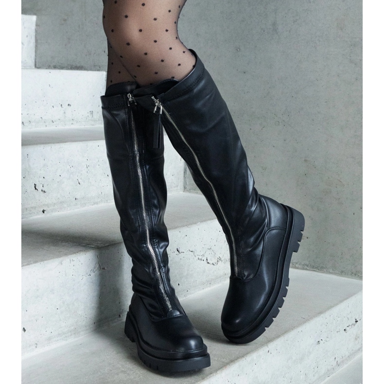 Black eco-leather boots with a flat heel decorated with a zipper 1