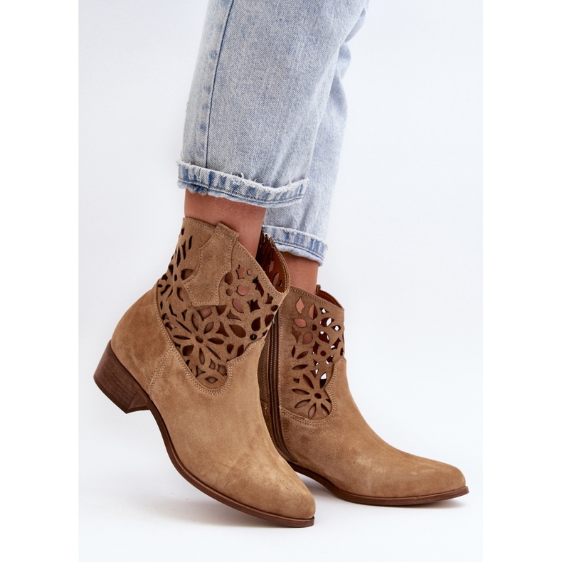 Zazoo 3404 Beige openwork suede ankle boots 1