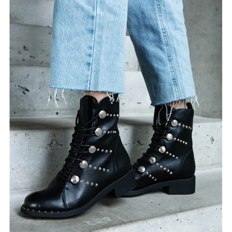 Black lace-up ankle boots decorated with studs 1