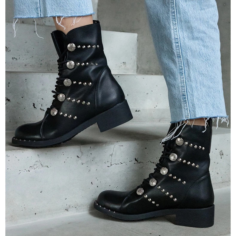 Black lace-up ankle boots decorated with studs 2