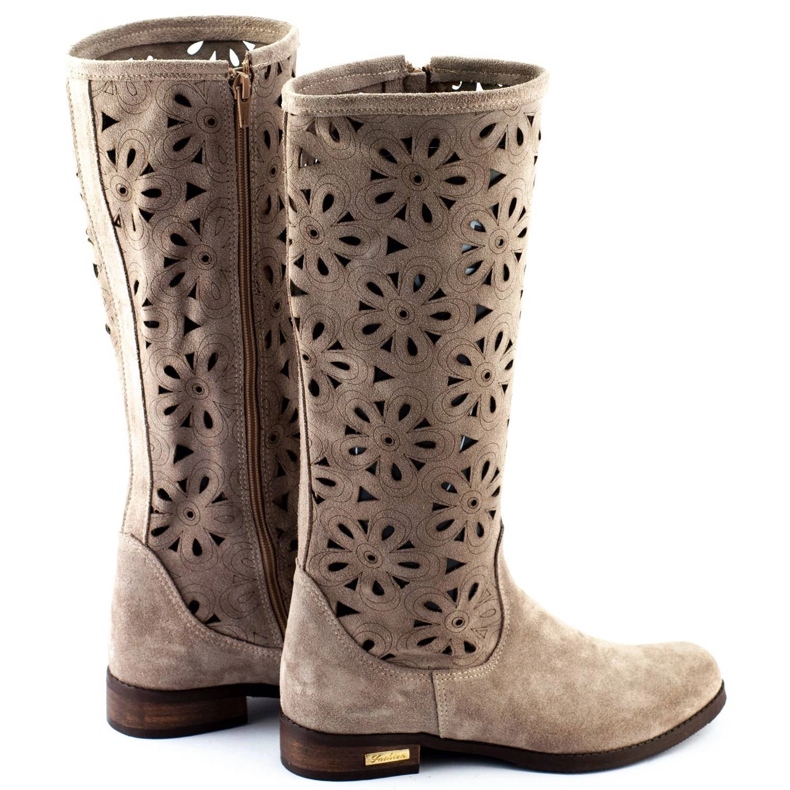 Olivier Women's openwork boots with flowers, dark beige 3