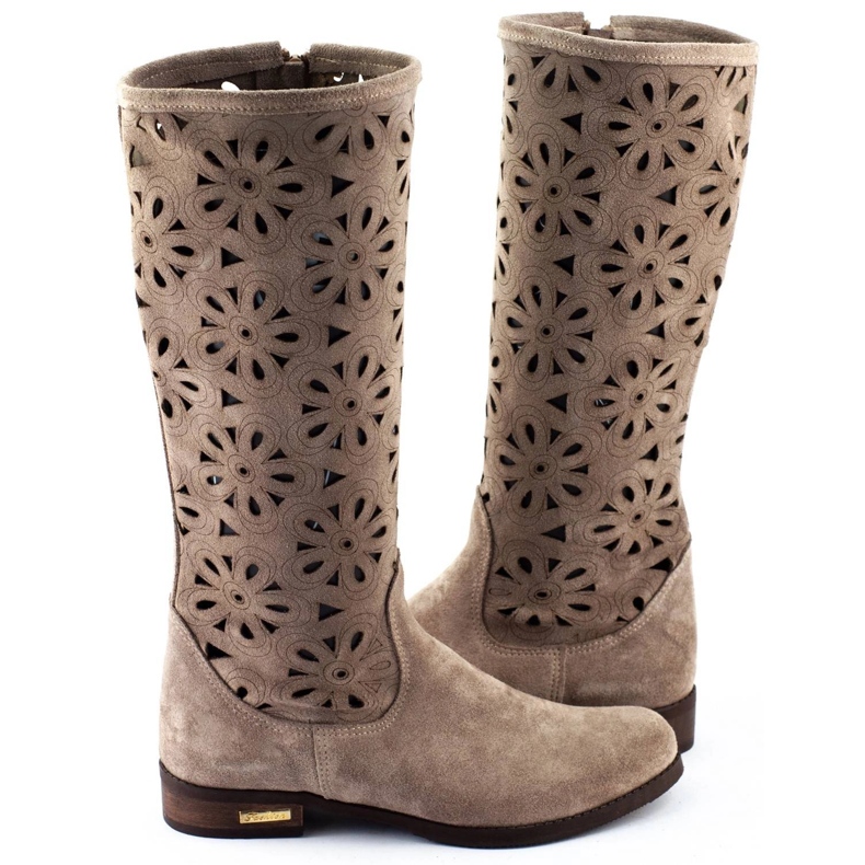 Olivier Women's openwork boots with flowers, dark beige 4