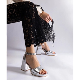 Silver women's sandals with a massive metallic heel 2