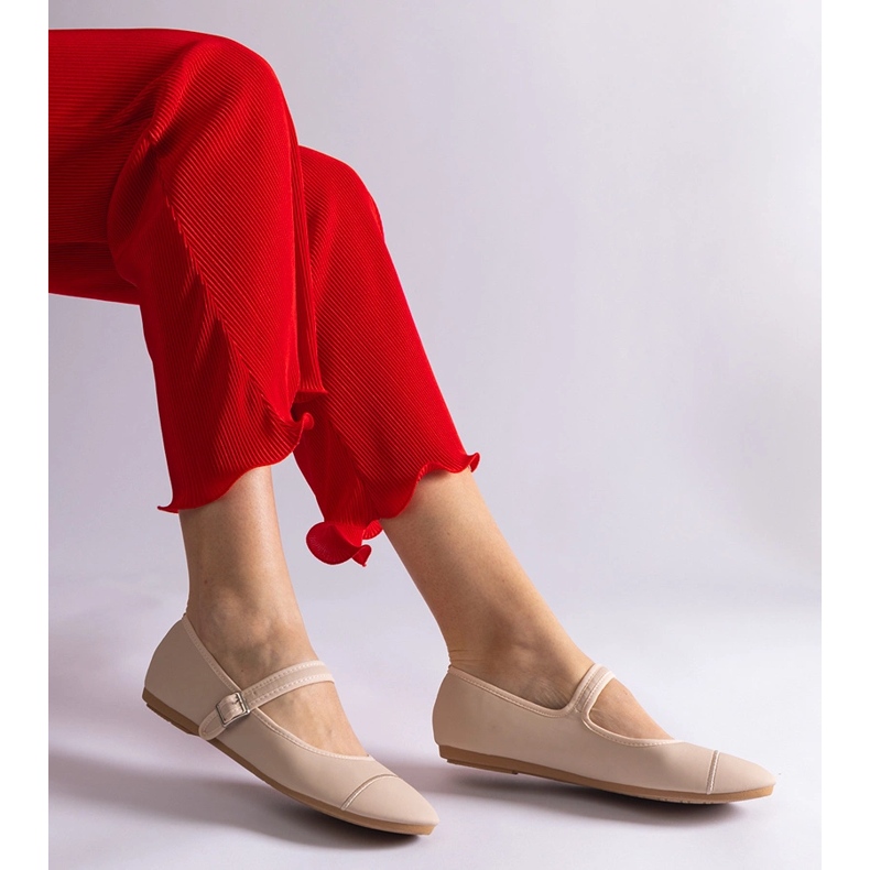Beige ballet flats with a matte finish, fastened with a buckle 2