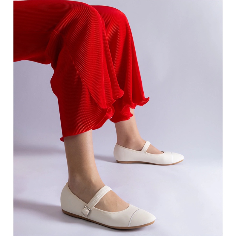 White ballet flats with a matte finish, fastened with a buckle 2