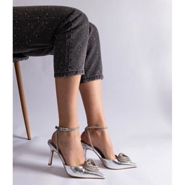 Silver high heels with an open heel decorated with zircons 1