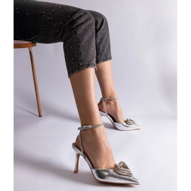 Silver high heels with an open heel decorated with zircons 2