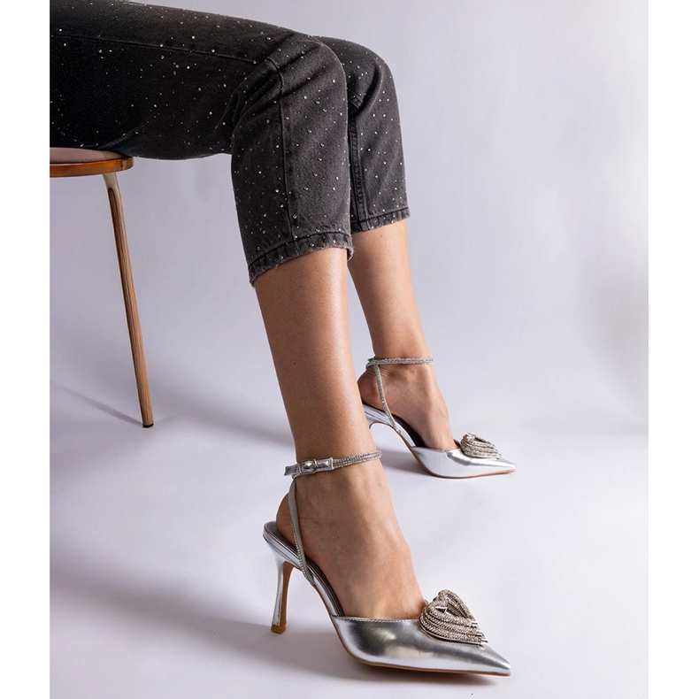 Silver high heels with an open heel decorated with zircons 2