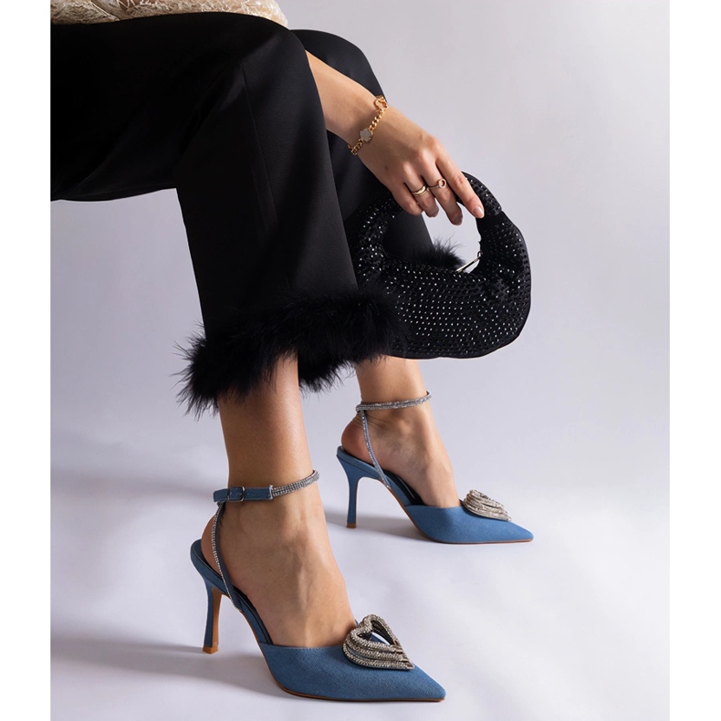 Blue high heels with an open heel decorated with zircons 1