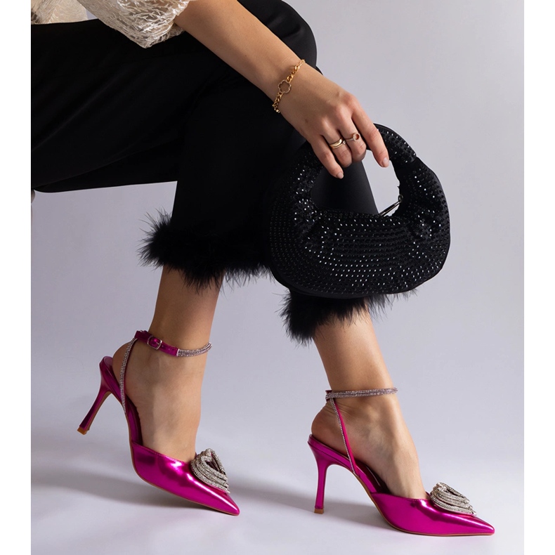Pink high heels with an open heel decorated with zircons 2
