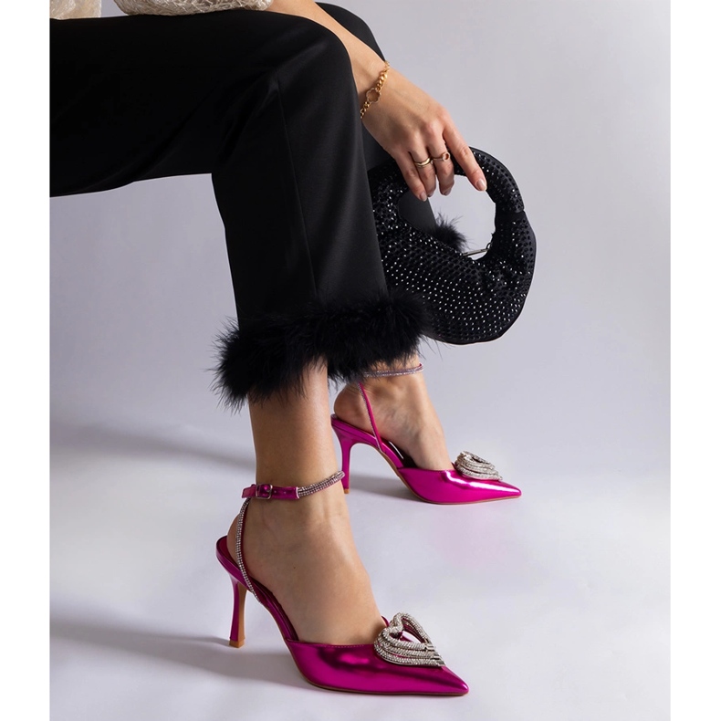 Pink high heels with an open heel decorated with zircons 1