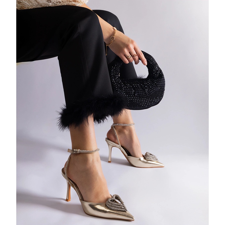 Gold high heels with an open heel decorated with zircons golden 1