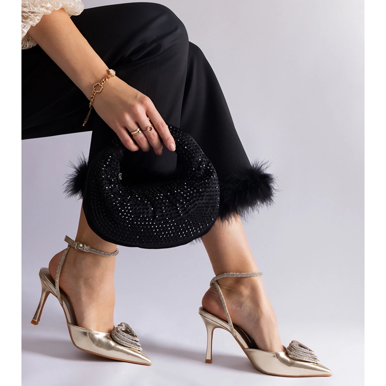 Gold high heels with an open heel decorated with zircons golden 2