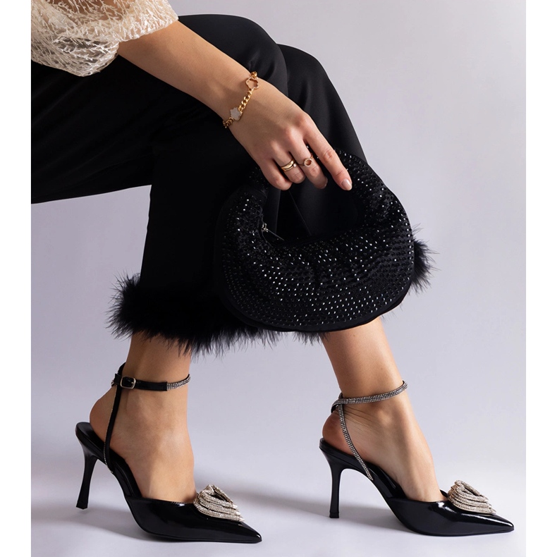 Black high heels with an open heel decorated with zircons 1