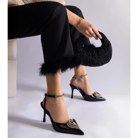 Black high heels with an open heel decorated with zircons 2