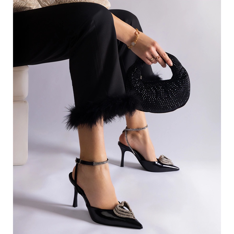 Black high heels with an open heel decorated with zircons 2