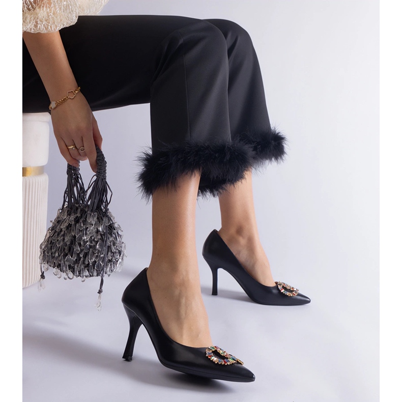 Black high heels decorated with colorful zircons 1