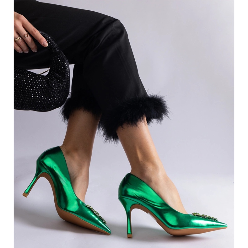 Green patent stilettos decorated with zircons 2