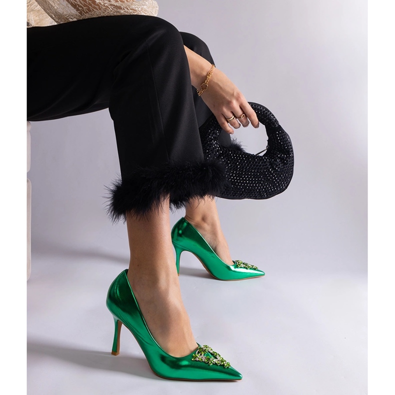 Green patent stilettos decorated with zircons 1