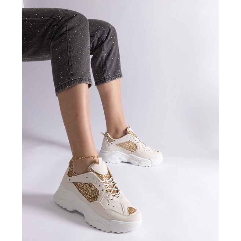 Beige women's sneakers with glitter inserts 1