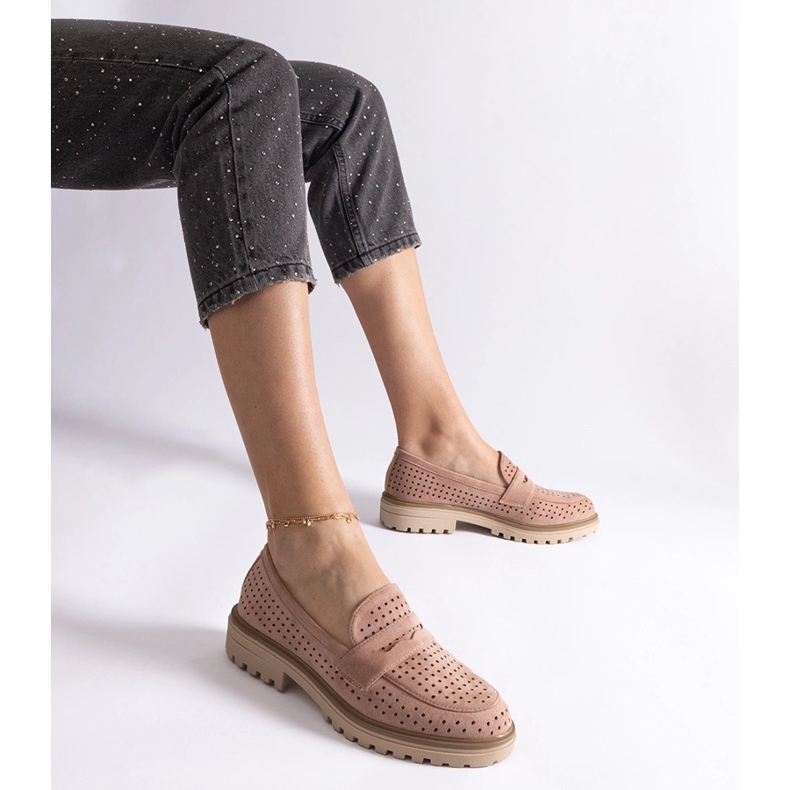 Pink openwork moccasins made of eco suede 1