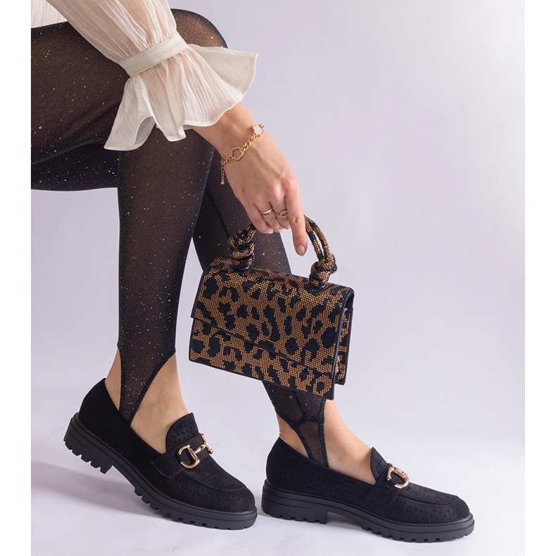 Black openwork loafers with eco suede with a firing 1