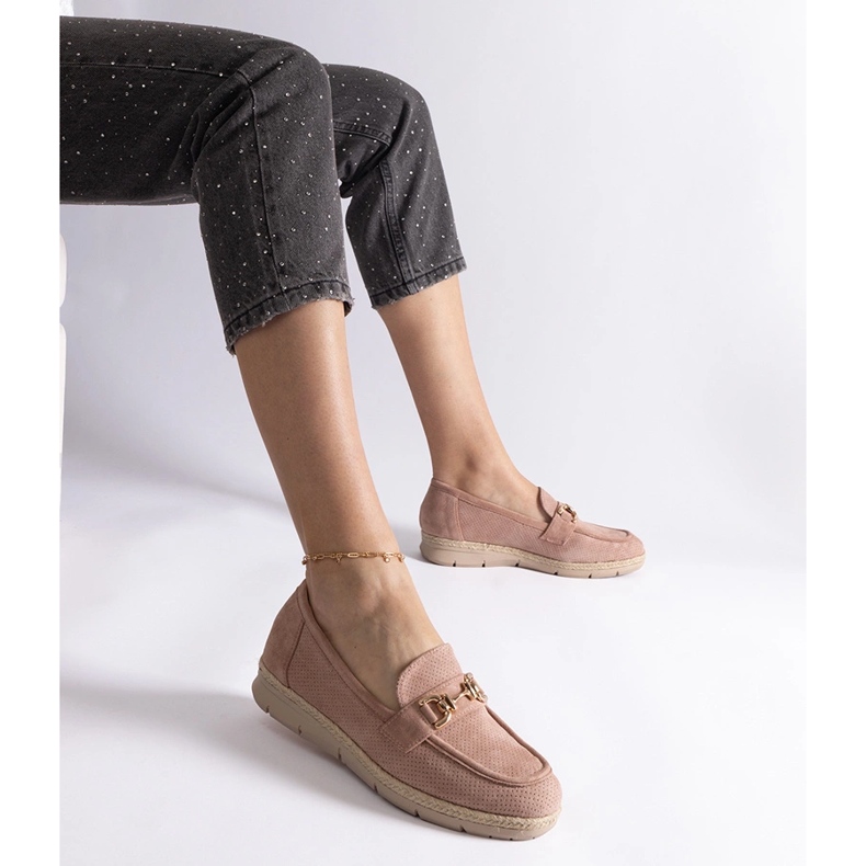 Pink women's moccasins with eco suede with a chain 1
