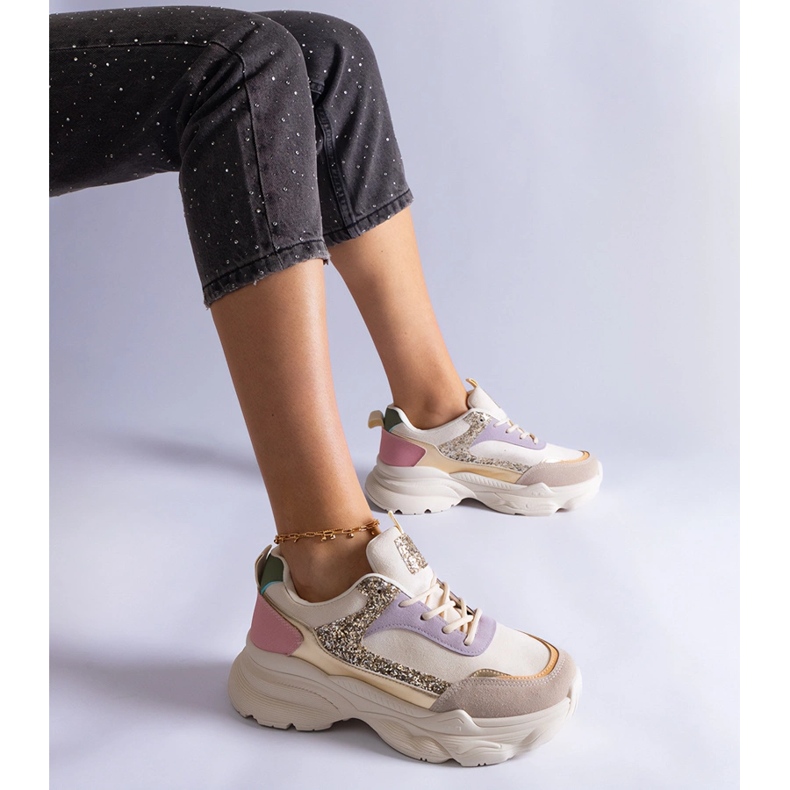Multicolored sneakers with glitter inserts beige 1