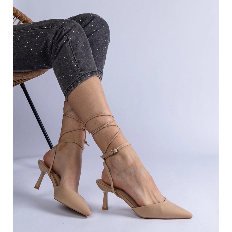 Beige high heels with an open heel, tied around the ankle 1