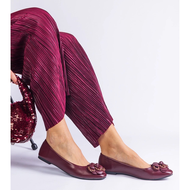 Burgundy ballet flats decorated with a flower red 2
