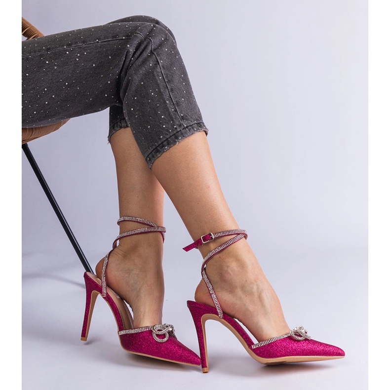 Pink brocade high heels with a bow and zircons 1