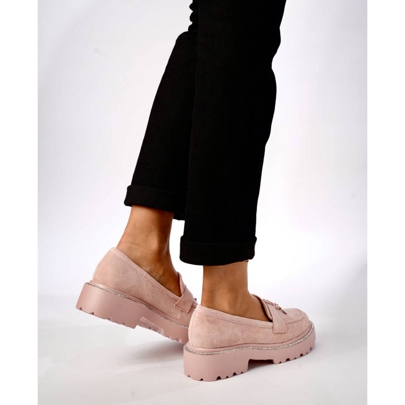 Women's powdered pink moccasins with fringes 1