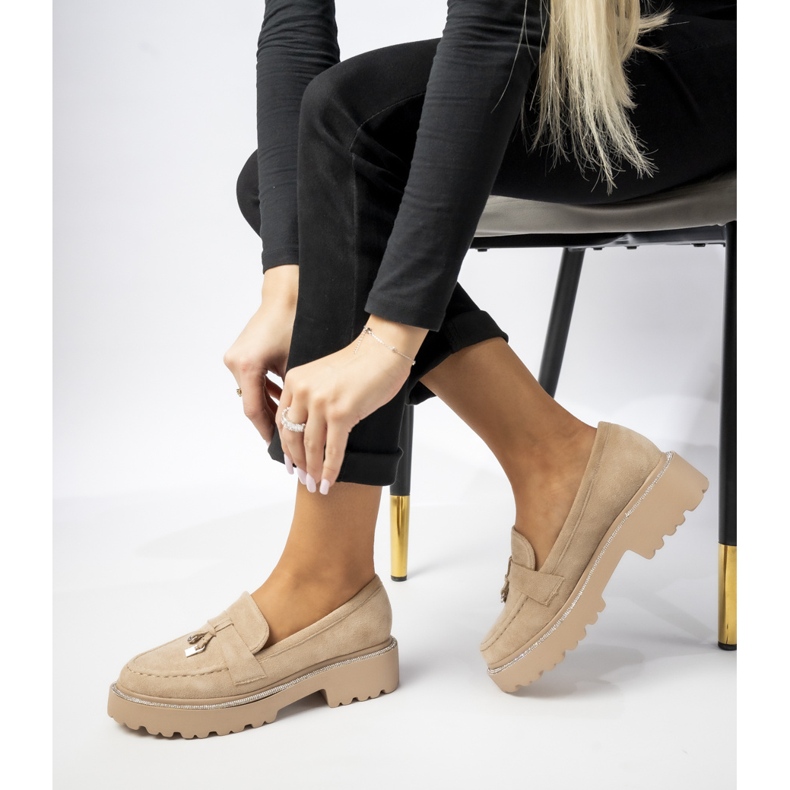 Women's suede moccasins with khaki fringes beige 1