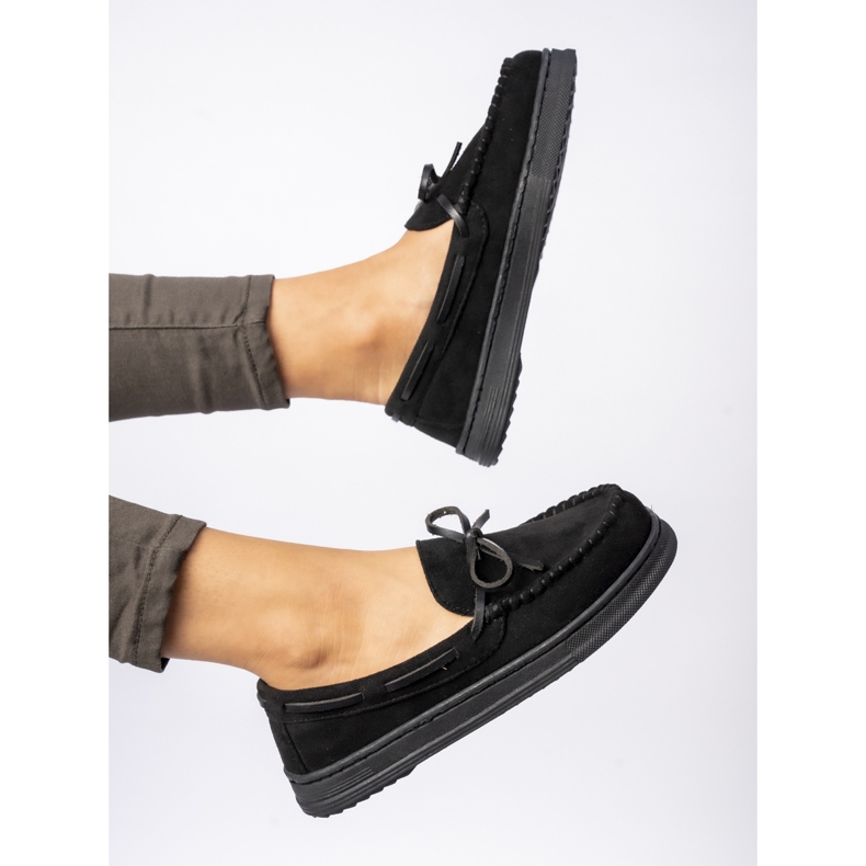 Women's black suede moccasins with a bow 1