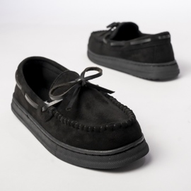Women's black suede moccasins with a bow 2