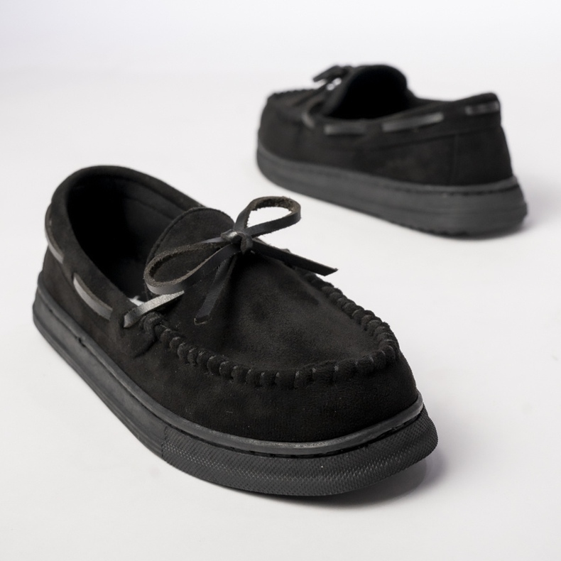 Women's black suede moccasins with a bow 2