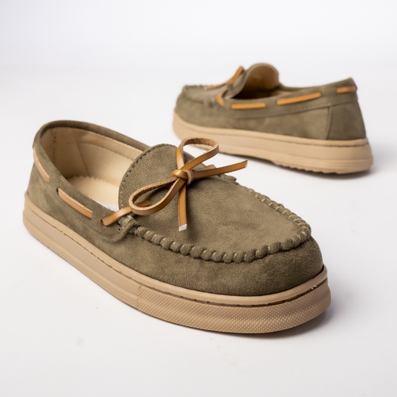 Women's green suede loafers with a bow 2