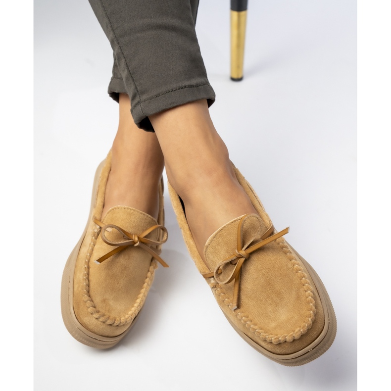 Women's Camel loafers, suede with a bow beige 1