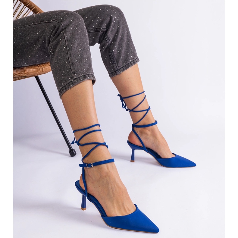 Blue high heels with an open heel tied around the ankle 1