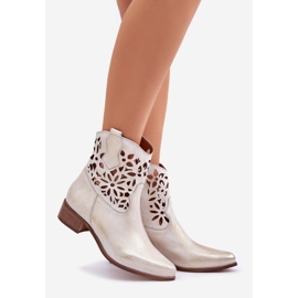Zazoo 3404 Openwork boots with low -heeled leather leather wiped golden 1
