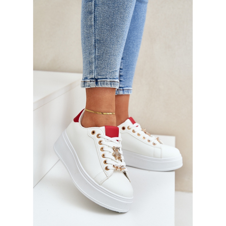 Eco leather sneakers with pins white and red 2