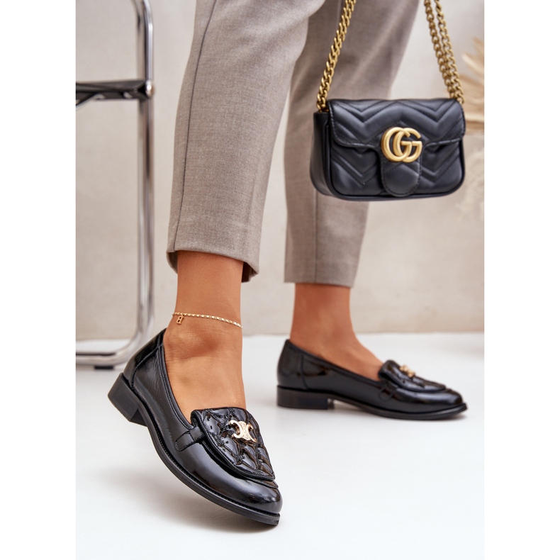 Leather varnished loafers with a golden decoration Laura Messi 2927 black 2 Leather varnished loafers with a golden decoration Laura Messi 2927 black 2