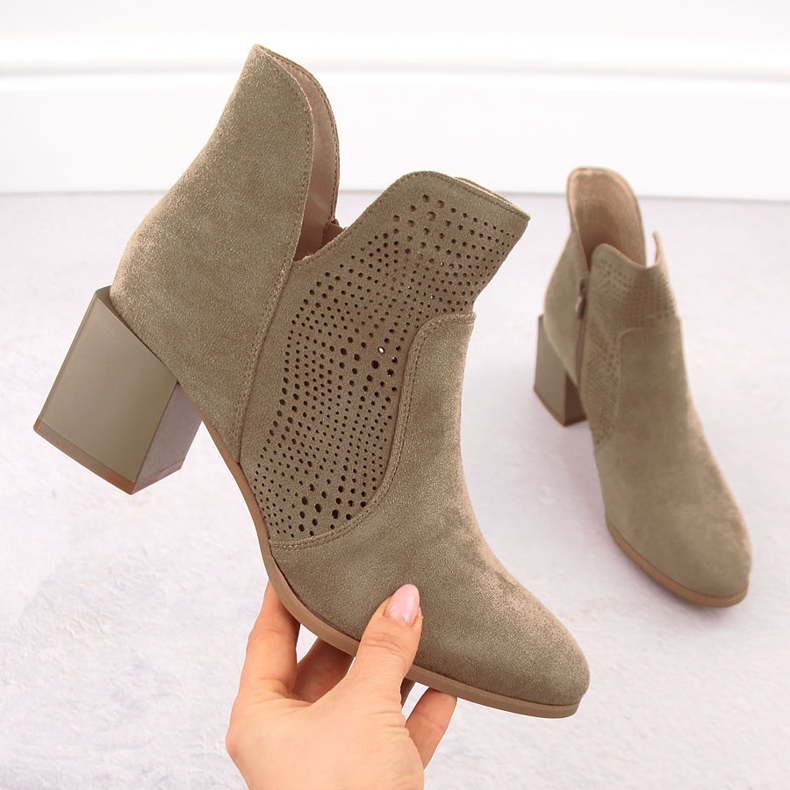 Women's boots on the pillar of openwork suede dark beige M. Daszyński SA217-6 1