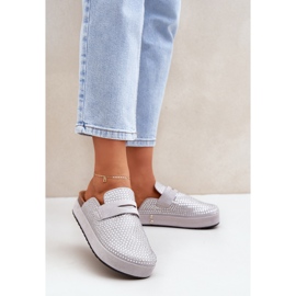 Women's flip flops decorated with zircons on the gray platform grey 1