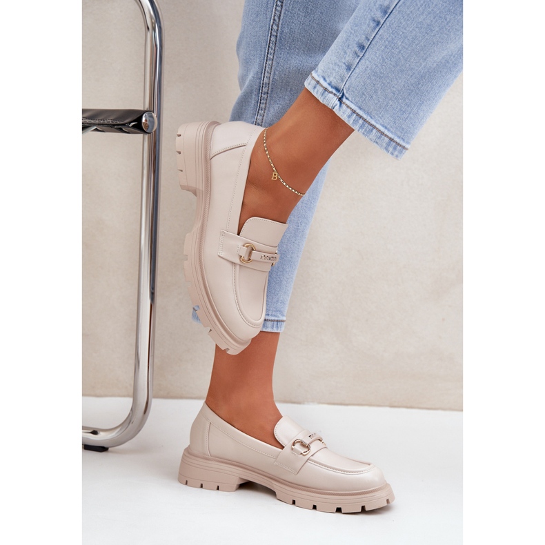 Classic women's loafers with eco leather beige with an ornament 2 Classic women's loafers with eco leather beige with an ornament 2